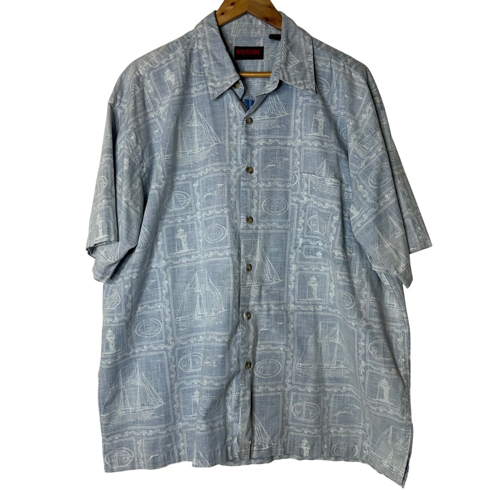 Wolverine Shirt Sz‎ XL Button Up Nautical Sailboat Lighthouse Print Short Sleeve